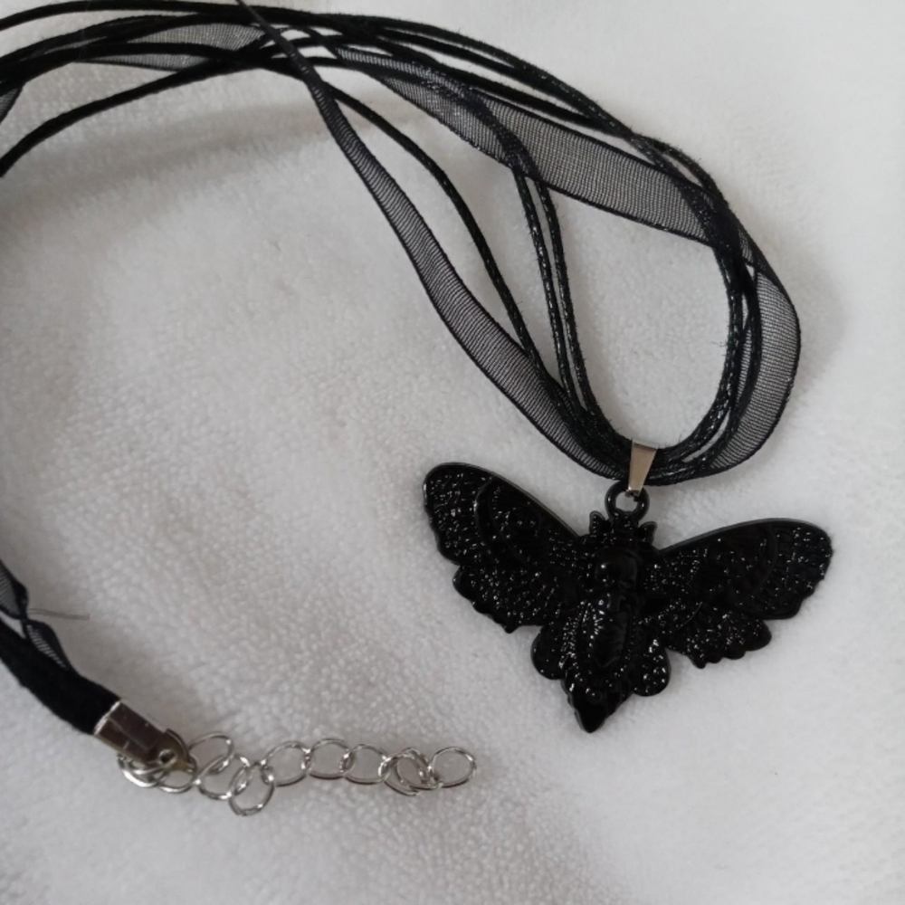 Elegant Black Butterfly Moth Pendant Necklace